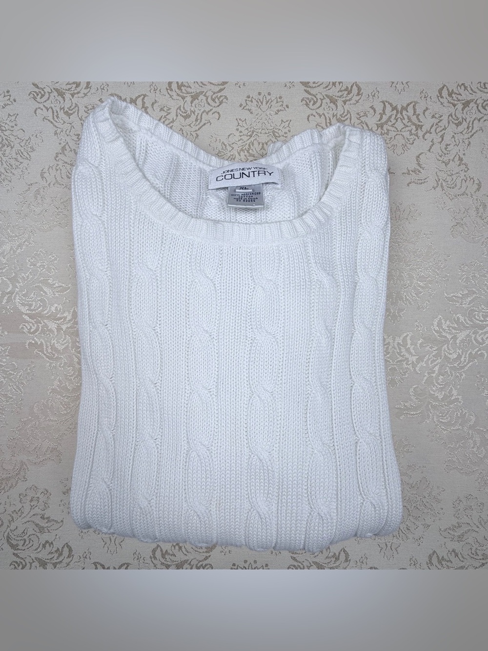 Jones New York Country White Cable-Knit Crew Sweater, Cotton, XL
